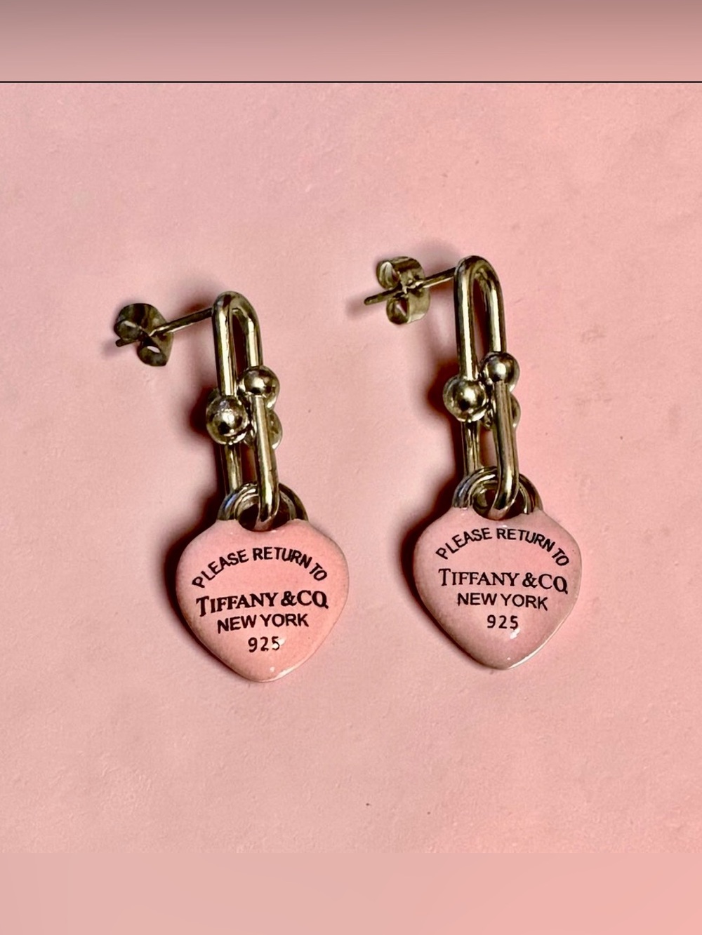Stainless Steel Pink chain link Heart Drop Earrings